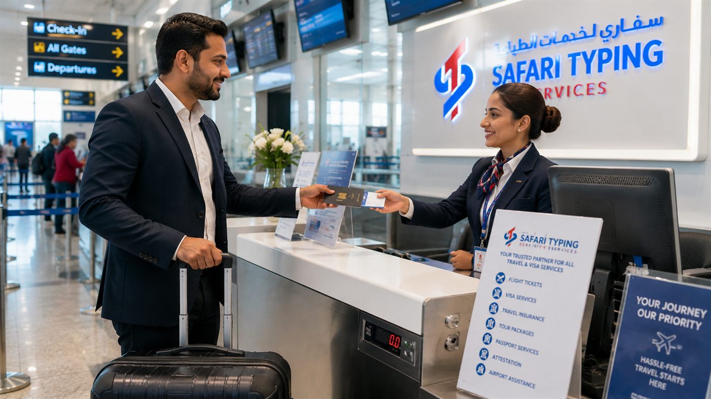 A Safari Typing Services Agent Handing Over A Passport And Boarding Pass At The Travel Counter