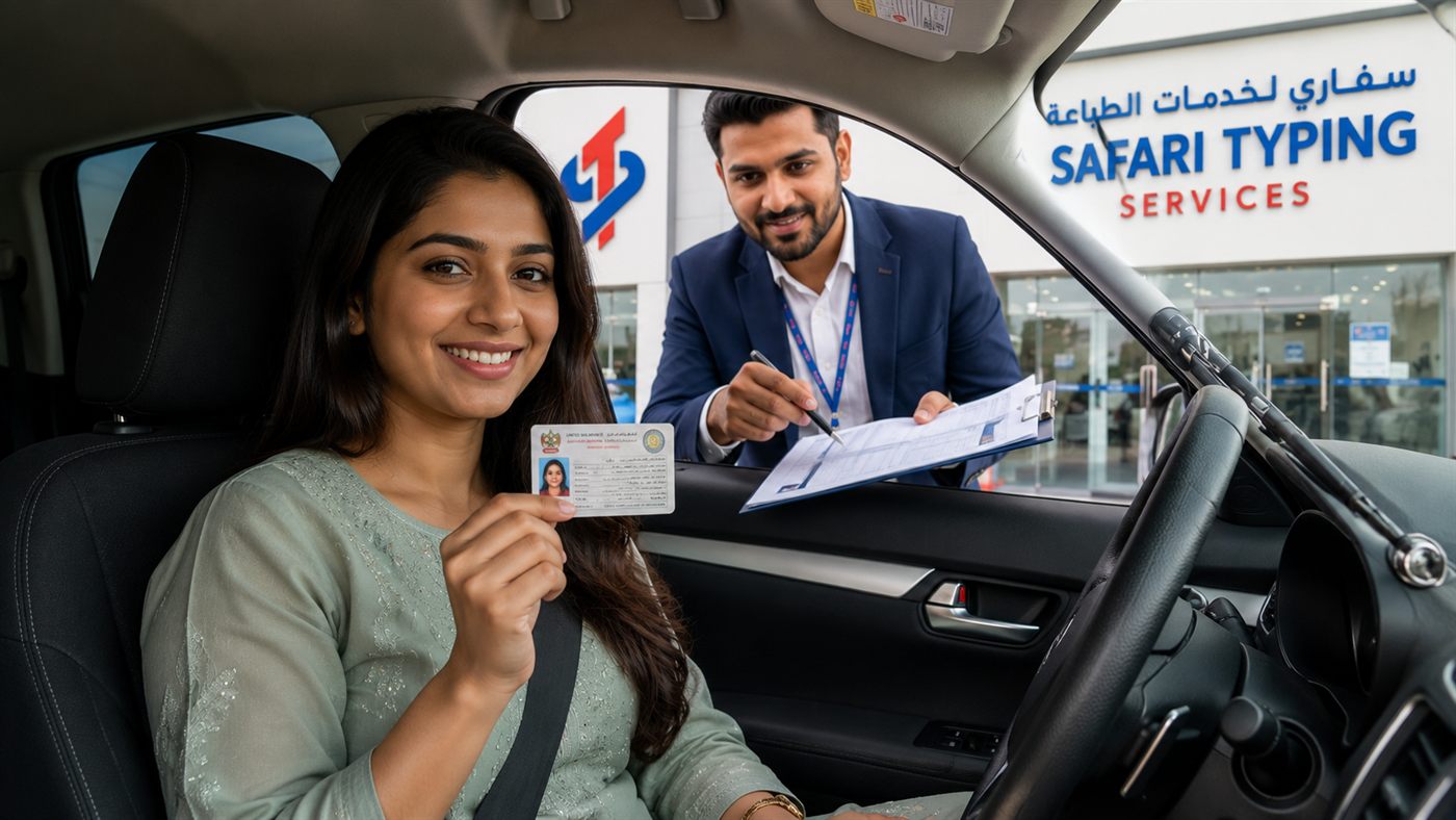 A Driver Holding Her UAE Driving Licence Outside The Safari Typing Services Office