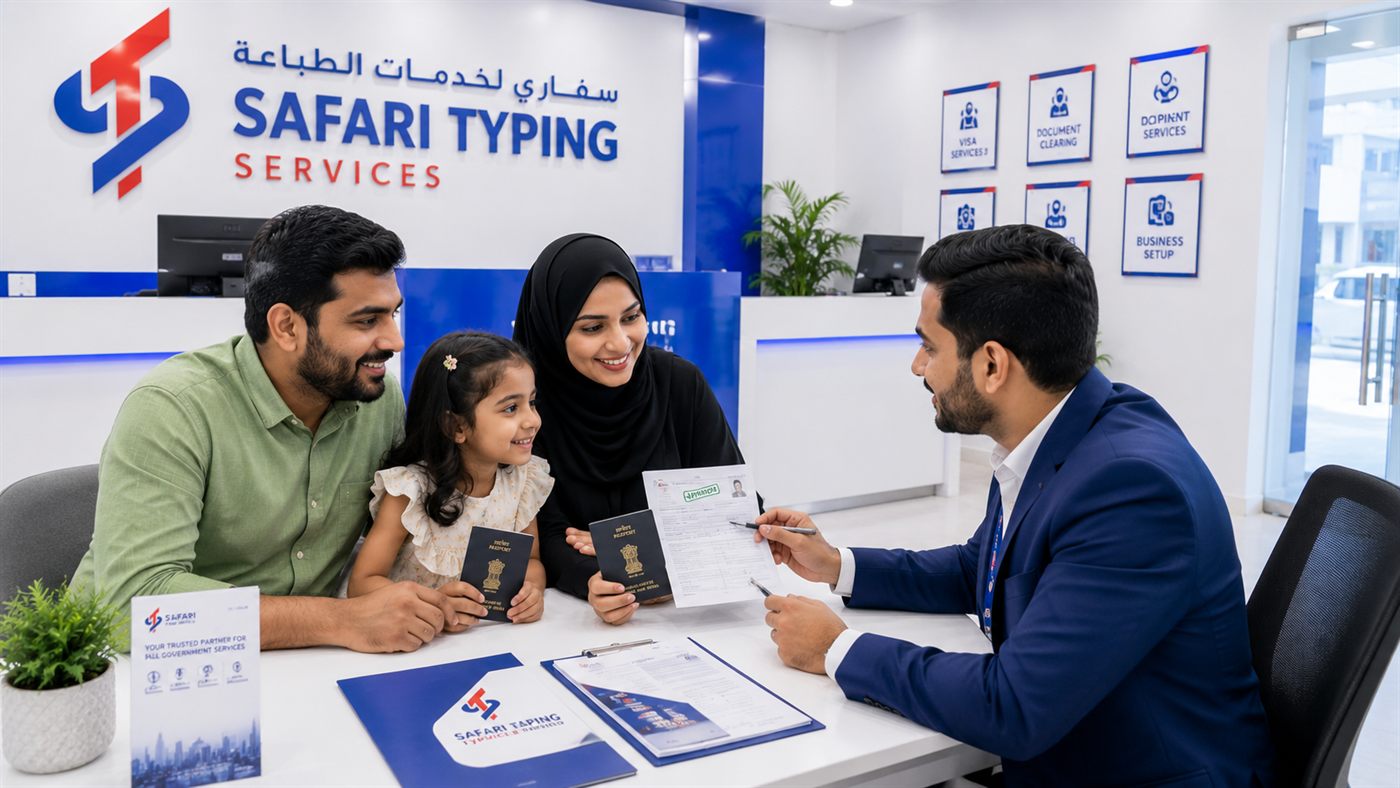 A Family Reviewing Their Residency Visa Paperwork With A Safari Typing Services Advisor