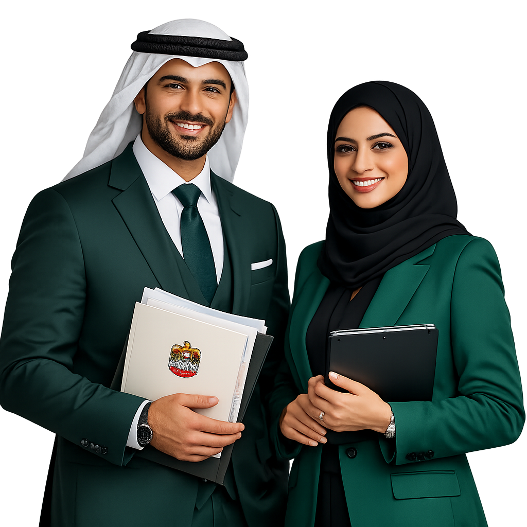 Two Multilingual Safari Typing Services Advisors At The Ajman Counter, Holding Clients' UAE Government Paperwork